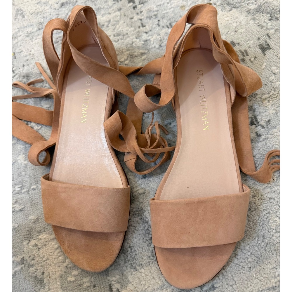 Stuart Weitzman Tan Suede Lace Up Ankle Tie Flat Sandals Made in Spain 7.5 M